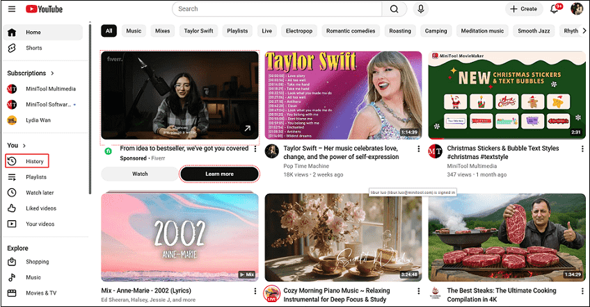YouTube homepage with the History button selected.