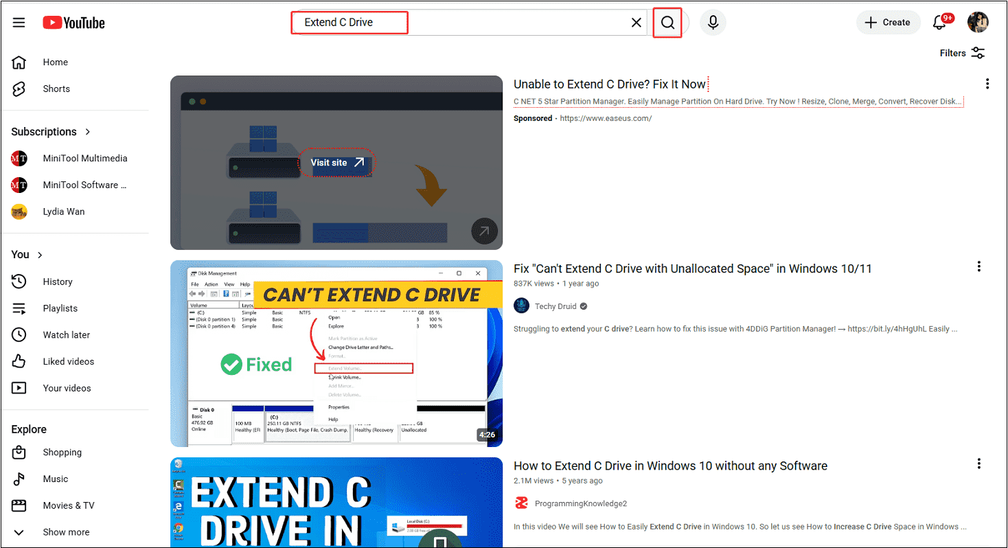 YouTube interface with a keyword entered and the search icon selected.