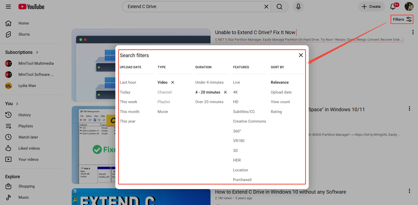 YouTube interface that shows how to filter the video.