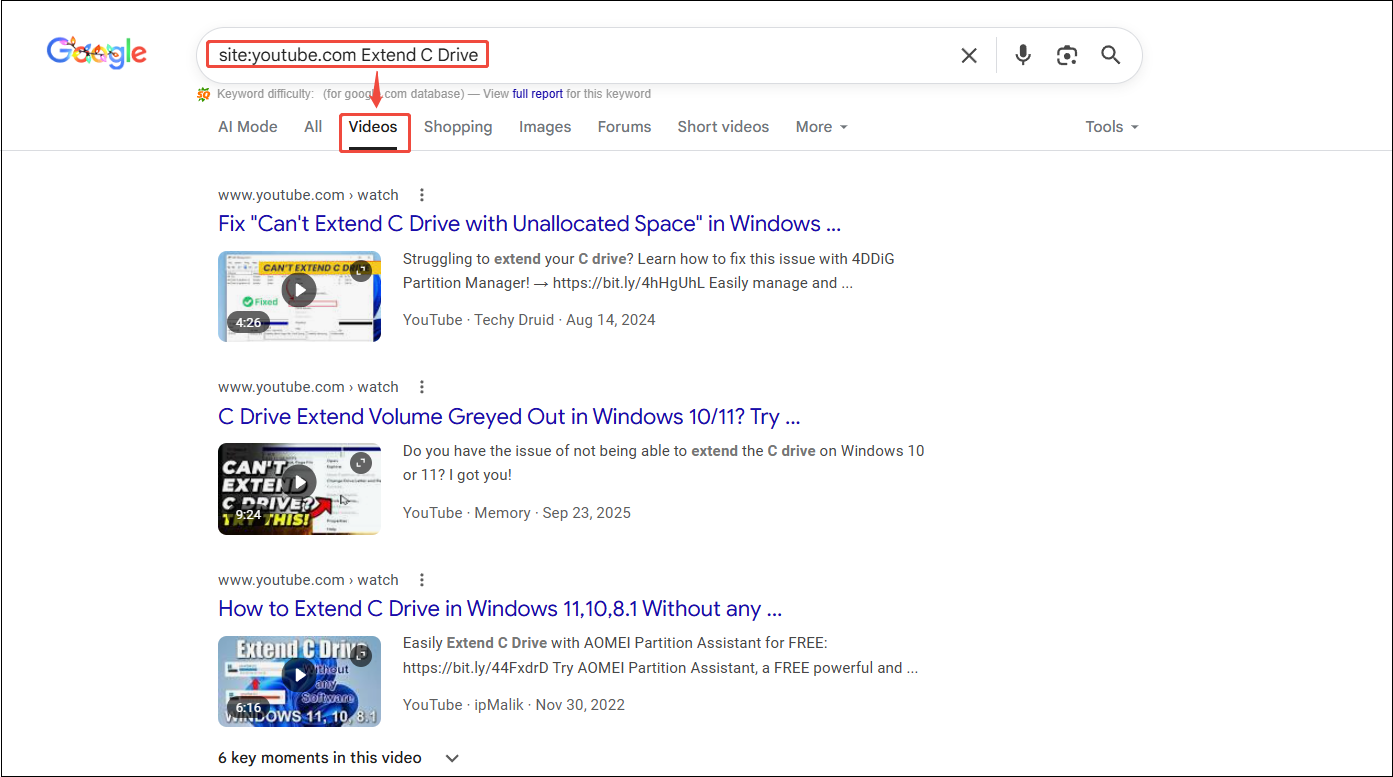 Google interface that shows how to use the search template and filter videos.