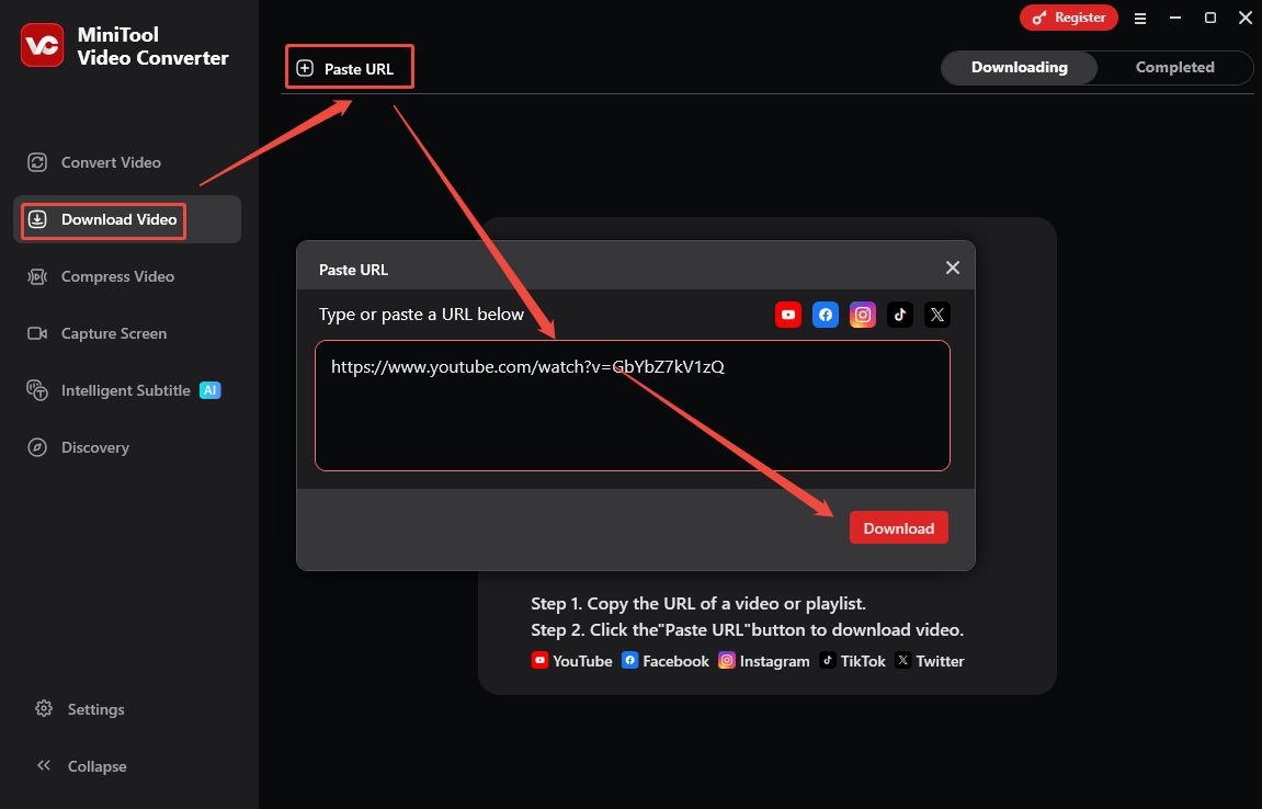 MiniTool Video Converter interface that shows how to analyze the copied YouTube video.