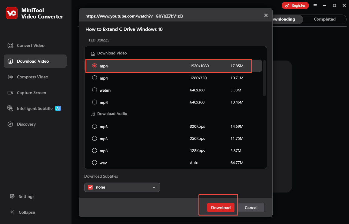 MiniTool Video Converter interface with a video format and download button selected.