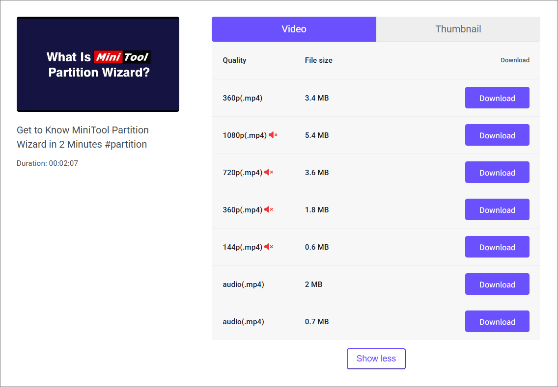 動画リンクの解析結果を表示している画面