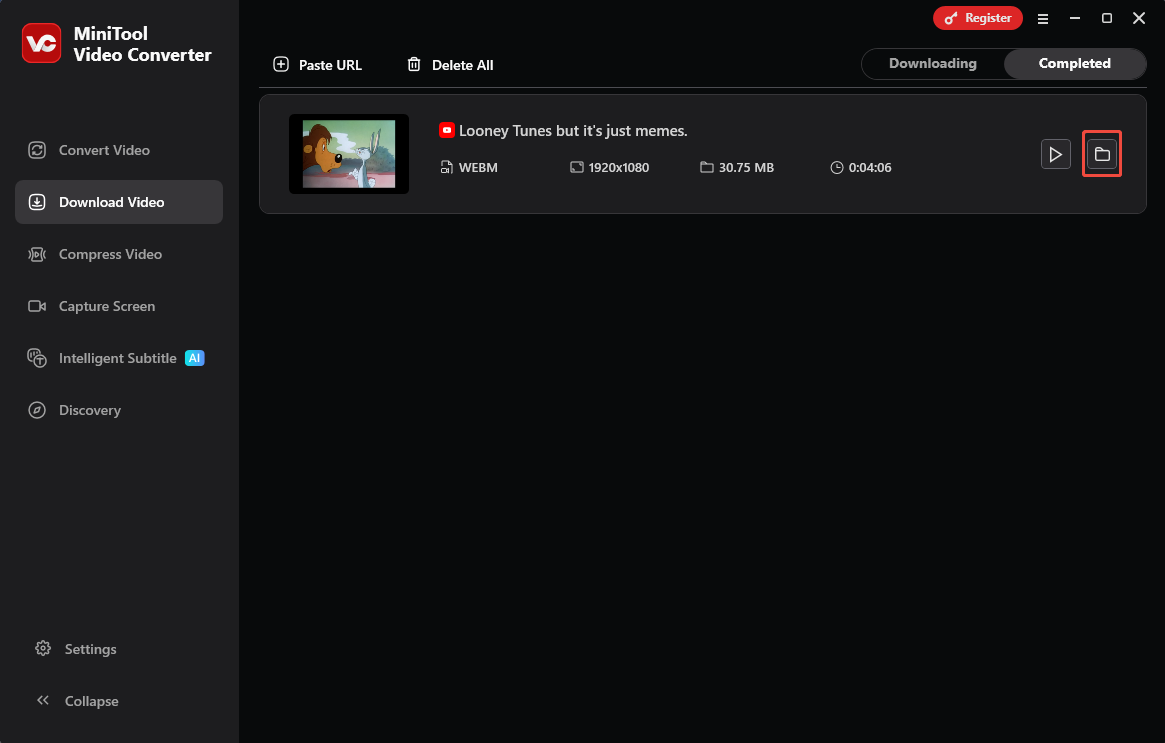 The MiniTool Video Converter interface with the folder icon under the Completed tab of the Download Video section selected.