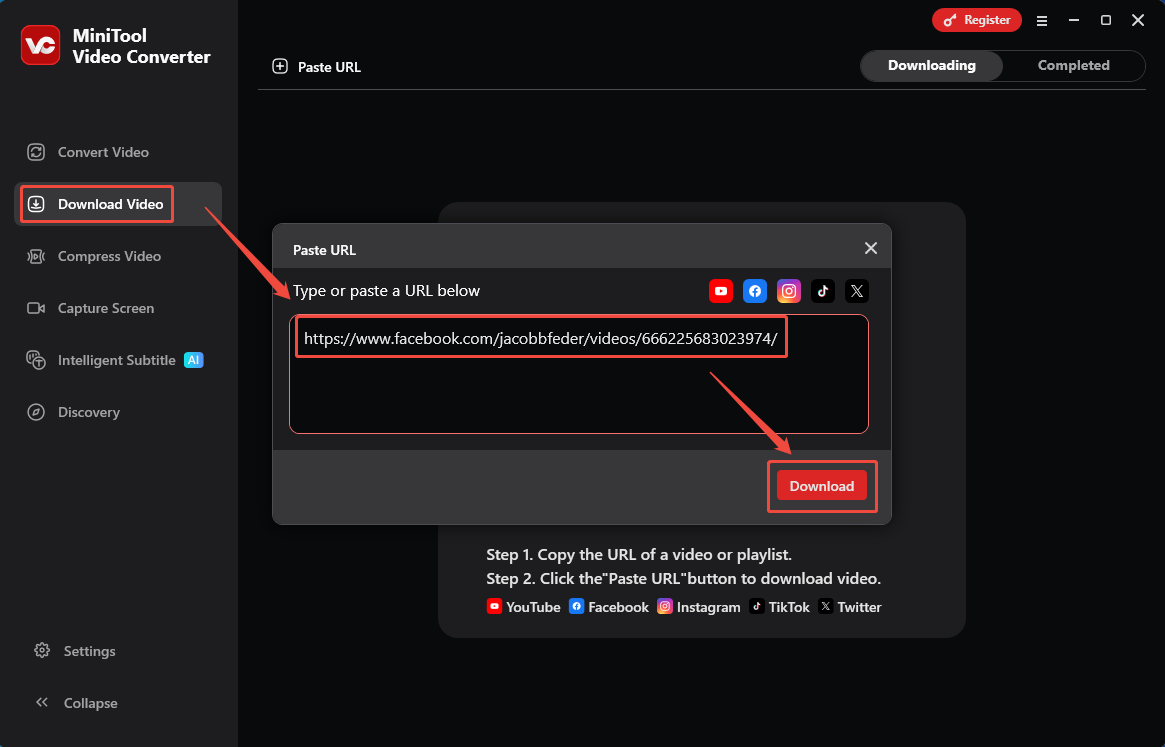 The MiniTool Video Converter interface shows how to analyze the copied Facebook video link.
