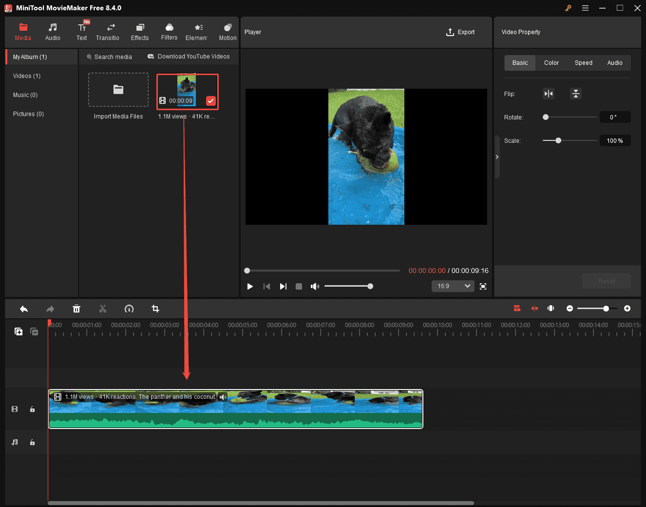 The MiniTool MovieMaker interface shows how to drag the Facebook video into the timeline.