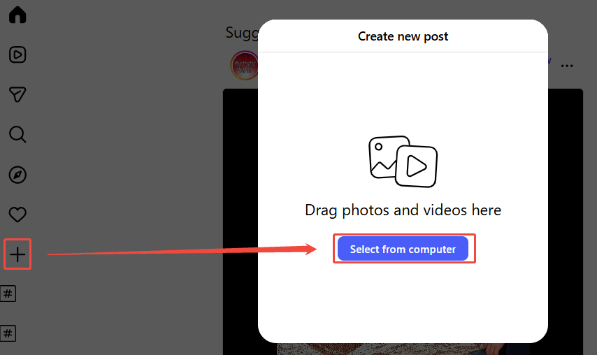 The Instagram interface shows how to select the video you want to post from your PC.