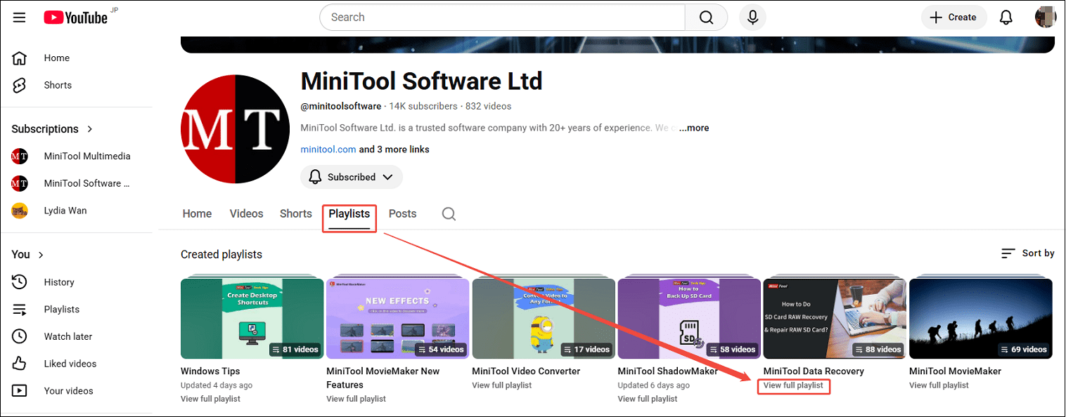 The channel playlists interface shows how to open a whole playlist.