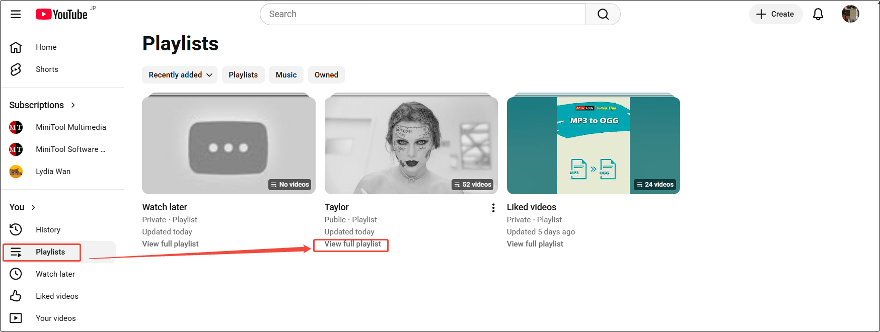 The Playlists interface shows how to copy the playlist link.