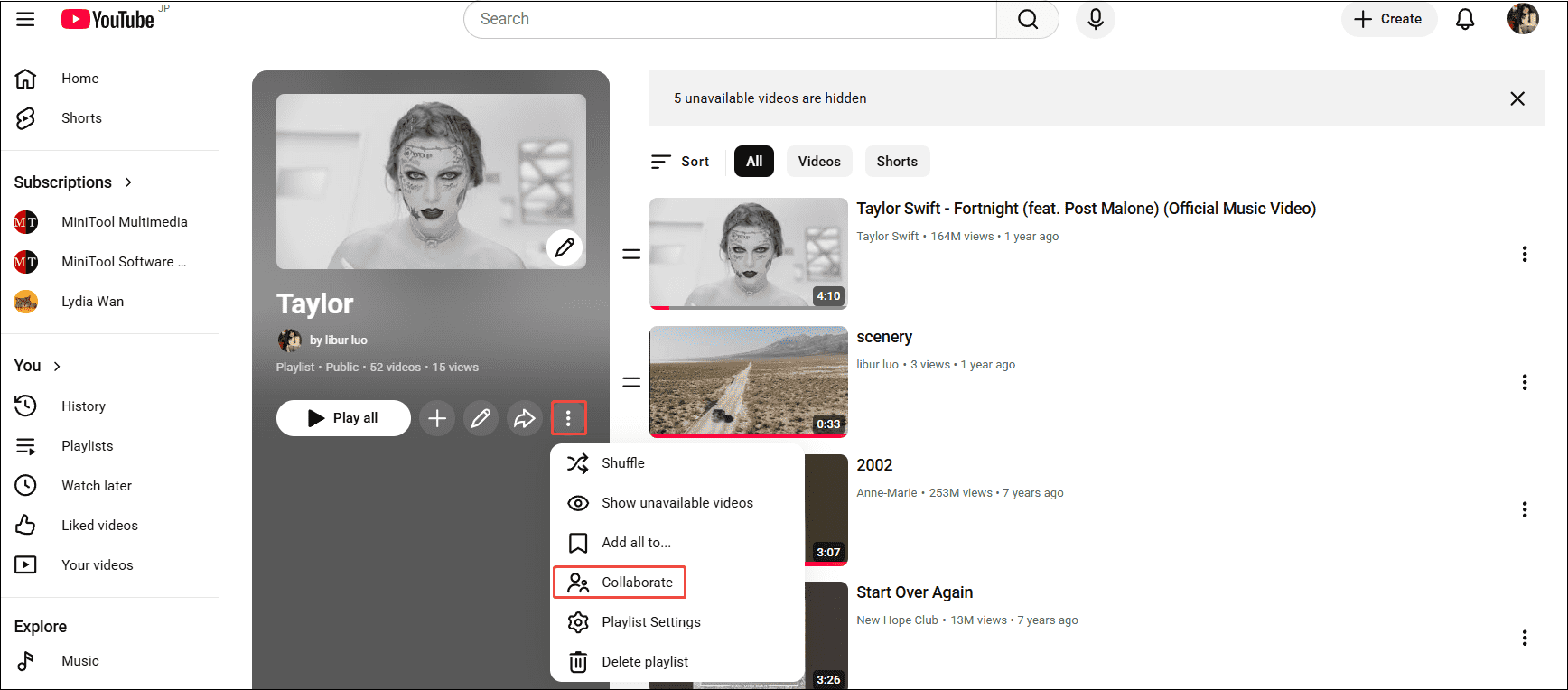 YouTube playlist interface with two options selected.