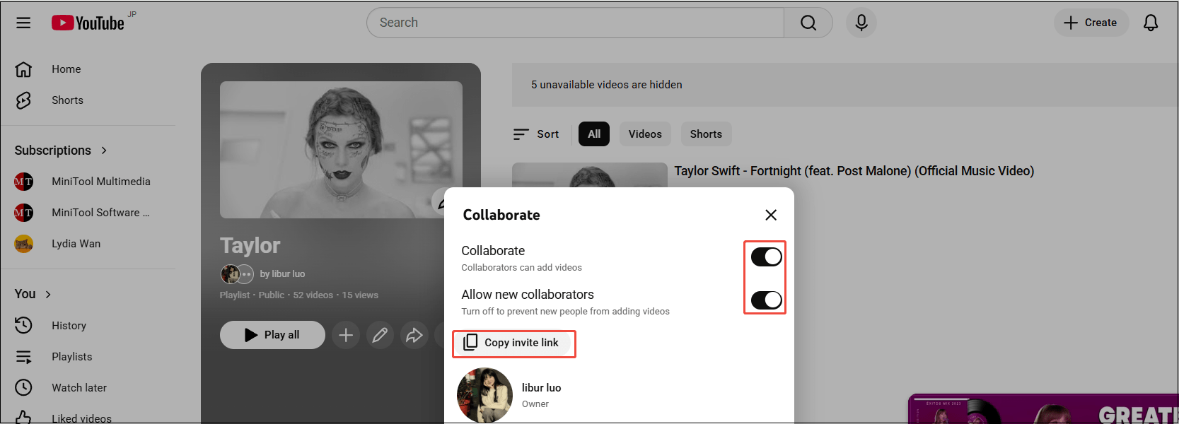 YouTube playlist interface shows how to get the invite link.