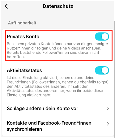 Option Privates Konto in TikTok