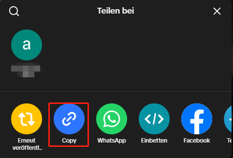 Teilen-Fenster und Option Copy für Videolink