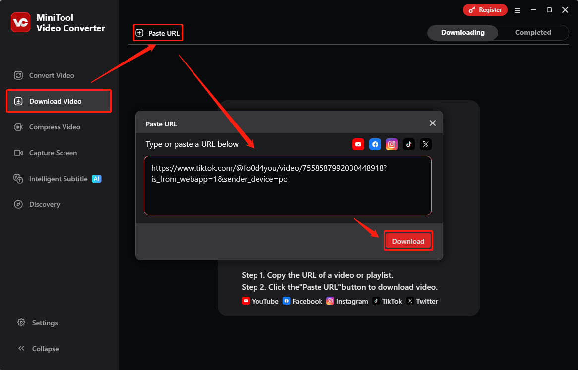 Option URL einfügen im Bereich Video herunterladen für TikTok-Video-Link in MiniTool Video Converter