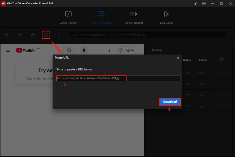 Cliquez sur le bouton Coller l'URL, collez le lien YouTube, puis cliquez sur Télécharger pour analyser le lien dans MiniTool Video Converter