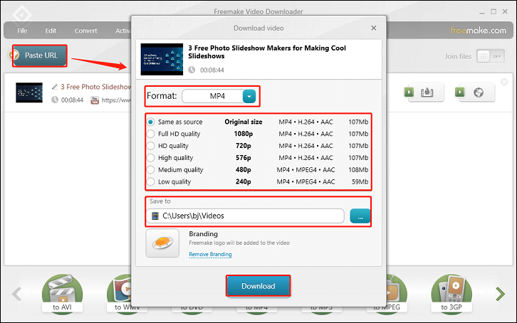 Définissez vos préférences de téléchargement et cliquez sur Télécharger pour lancer le téléchargement dans Freemake Video Downloader