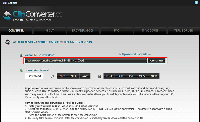 Collez l'URL de la vidéo dans le champ « URL de la vidéo à télécharger » et cliquez sur « Continuer » dans ClipConverter.cc
