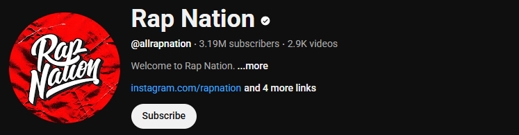 The main interface of the Rap YouTube channel, Rap Nation.