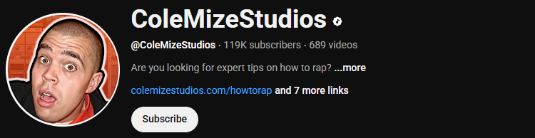 The main interface of the Rap YouTube channel, ColeMizeStudios.