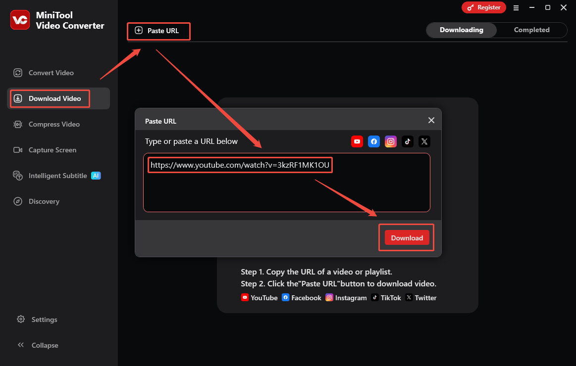 The MiniTool Video Converter interface showing how to use a URL to download a video.