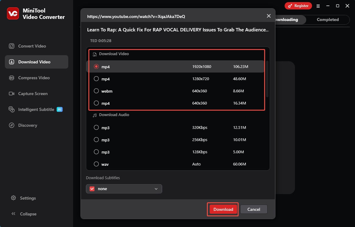 The MiniTool Video Converter interface with the Download Video module and Download option selected.