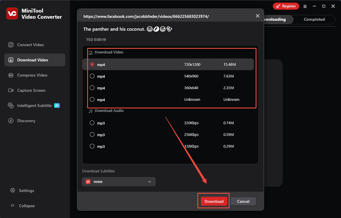 Die Oberfläche von MiniTool Video Converter zeigt den Download des Facebook-Videos.