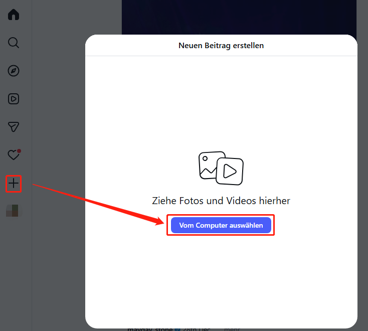Die Instagram-Oberfläche zeigt die Auswahl eines Videos vom PC.