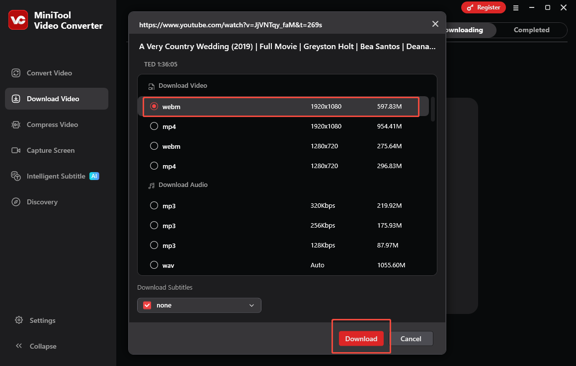 MiniTool Video Converter interface with a video format and Download button selected.