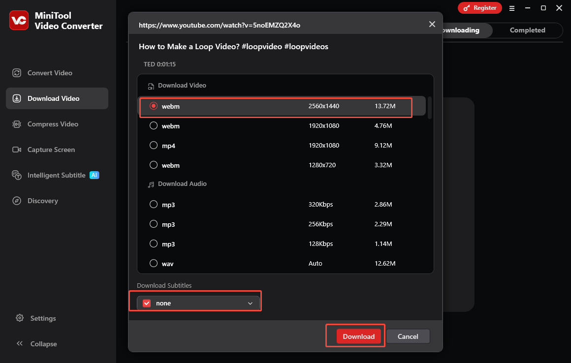 The MiniTool Video Converter interface with a video format, subtitle language, and download button selected.