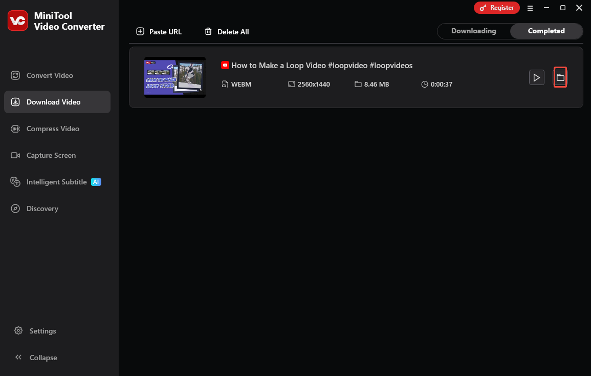 The MiniTool Video Converter interface with the folder icon selected.