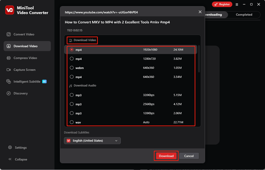 Videoformat-Auswahl und HERUNTERLADEN-Schaltfläche zum Start des Downloads