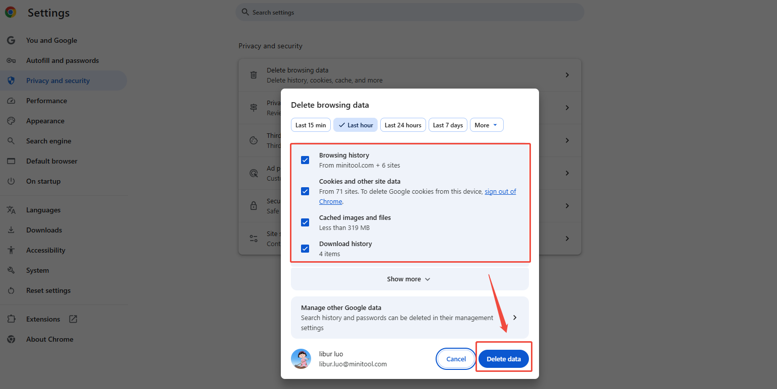 Select the time range and check the boxes for Cached images and files. Then click Delete data to clear the cache in the browser
