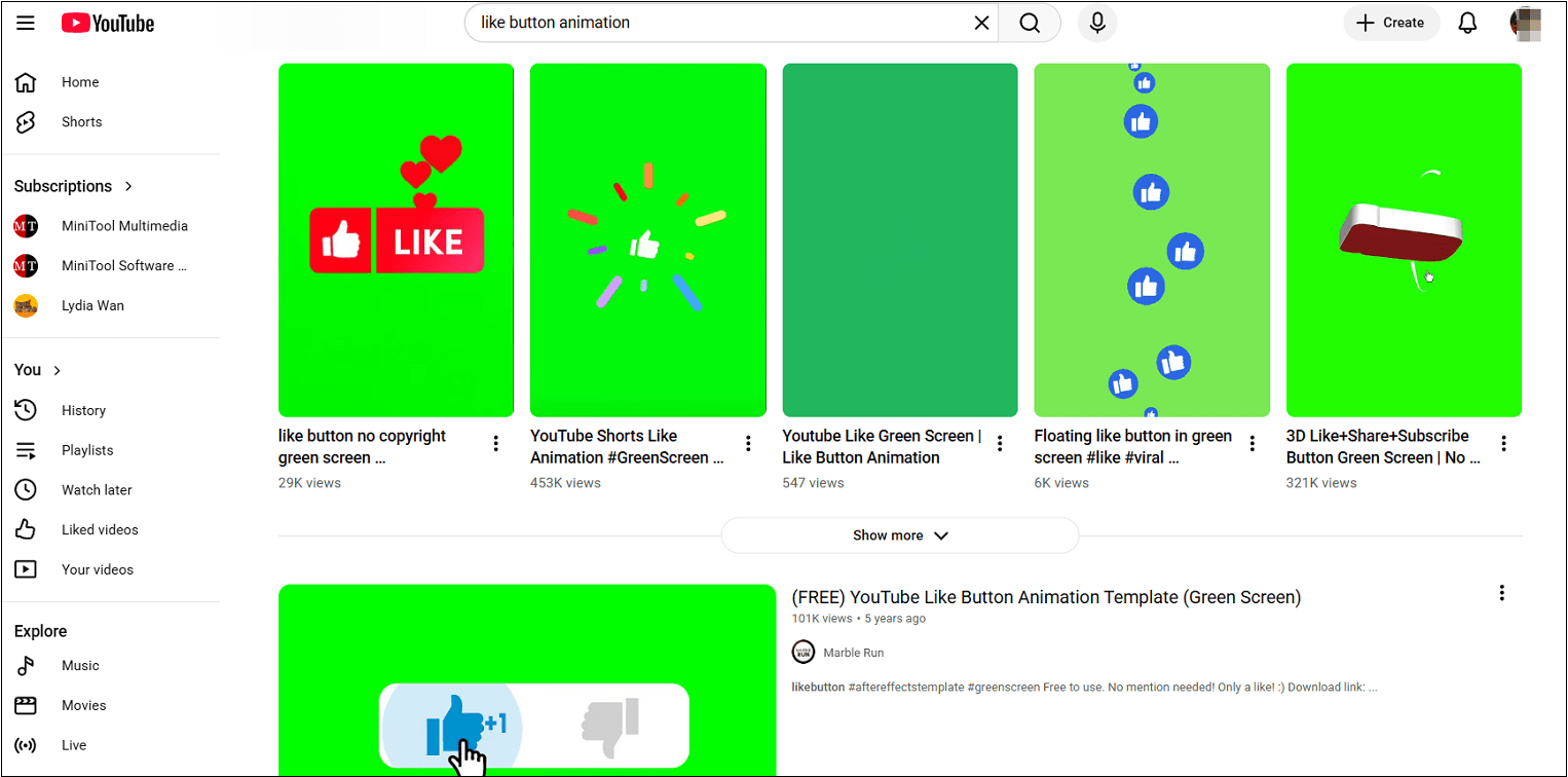 YouTube interface with like button animation searched.