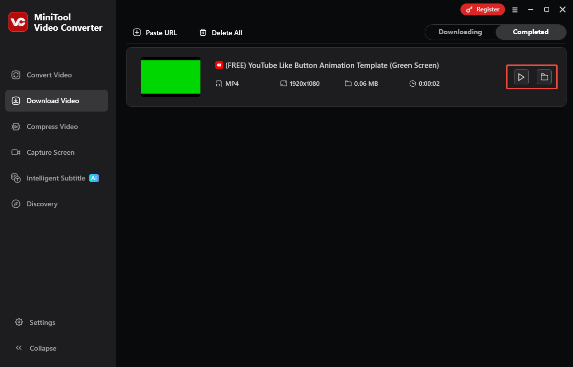 MiniTool Video Converter interface with the play icon and folder button selected.
