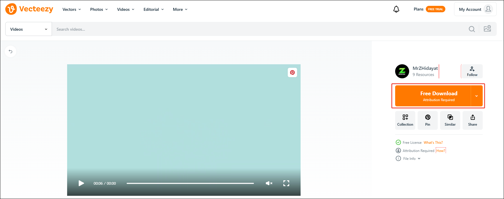 The Vecteezy’s YouTube like button animation download interface with a download button selected.