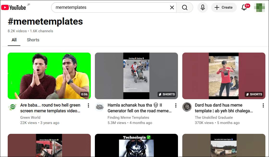 The YouTube interface with the meme video templates displayed.
