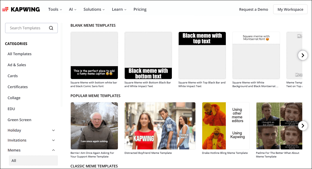 The meme templates interface of Kapwing.