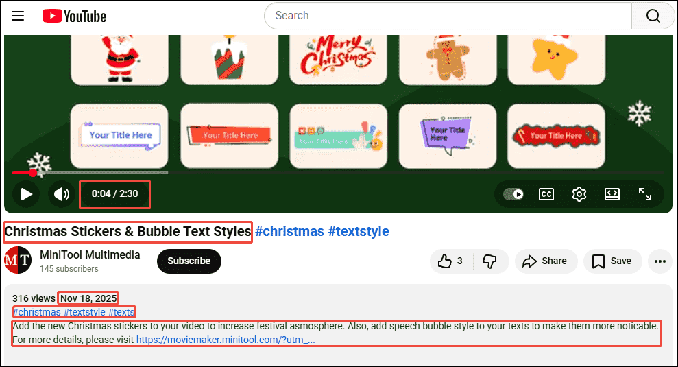 The YouTube video interface with the key components of YouTube metadata selected.