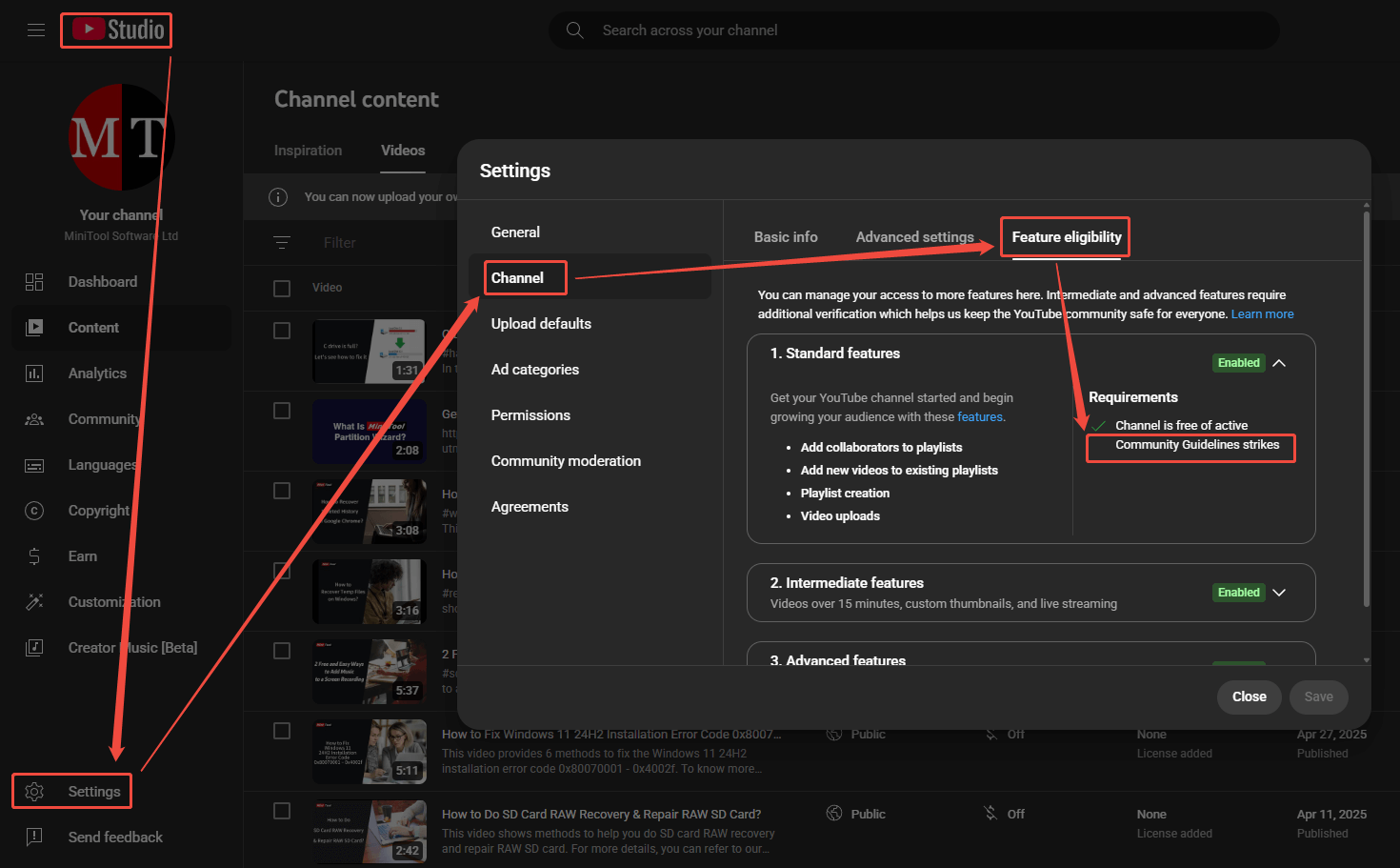 YouTube Studio interface showing how to check community guidelines strikes in the channel settings window.