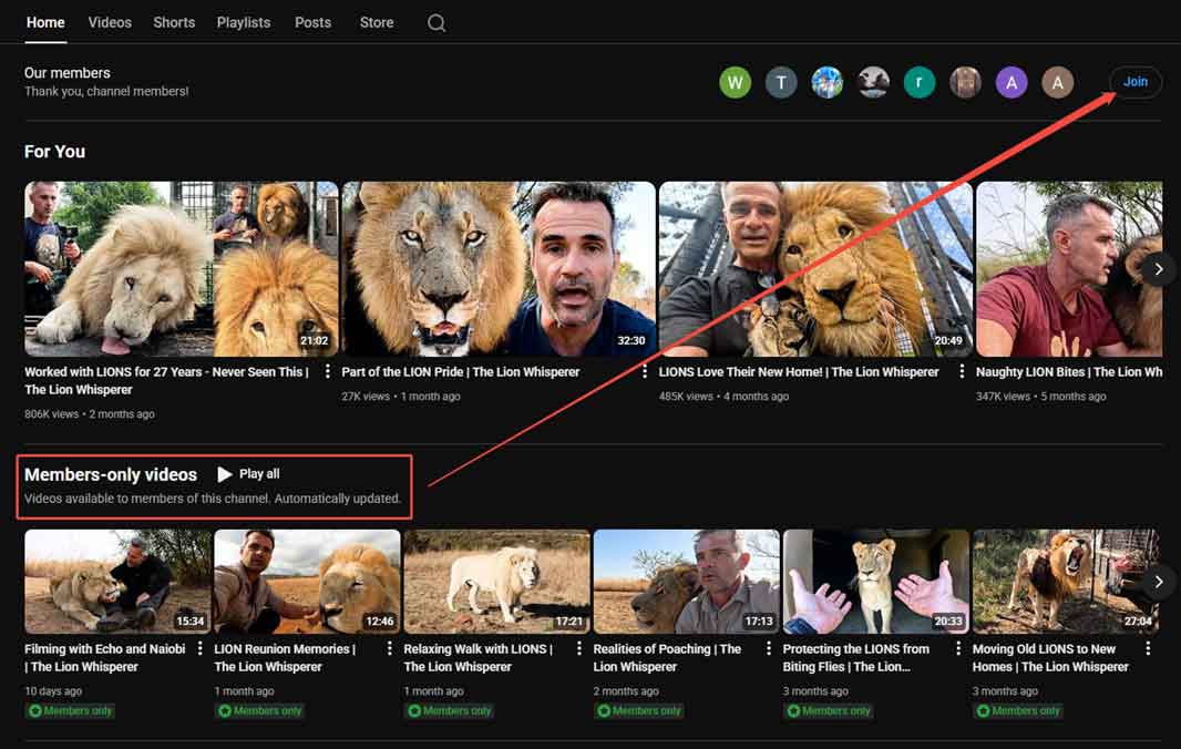 Members-only videos on The Lion Whisperer YouTube channel.