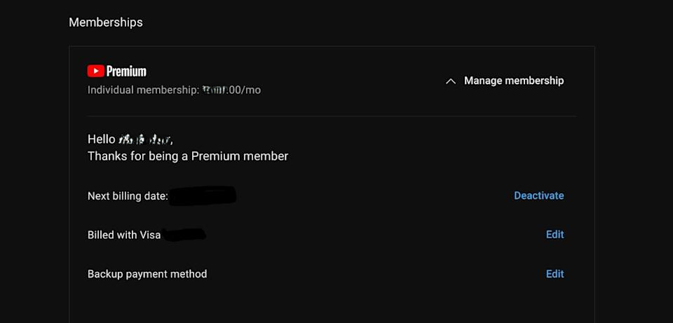 YouTube Premium Membership page.