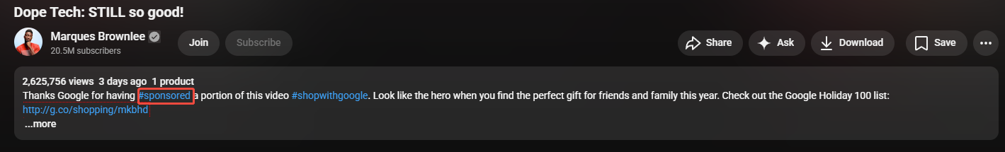 A YouTube video description with a sponsored tag.
