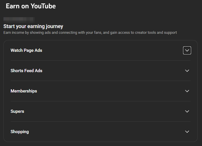 Earn on YouTube page showing methods including watch page ads, Shorts feed ads, memberships, supers, shopping, etc.
