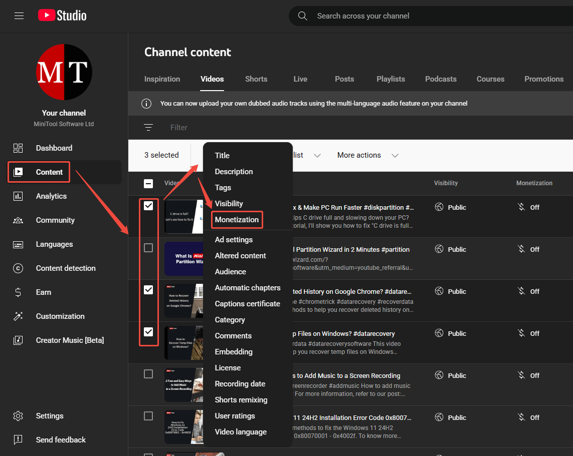 YouTube Studio Content tab with the Monetization option highlighted for the selected videos.