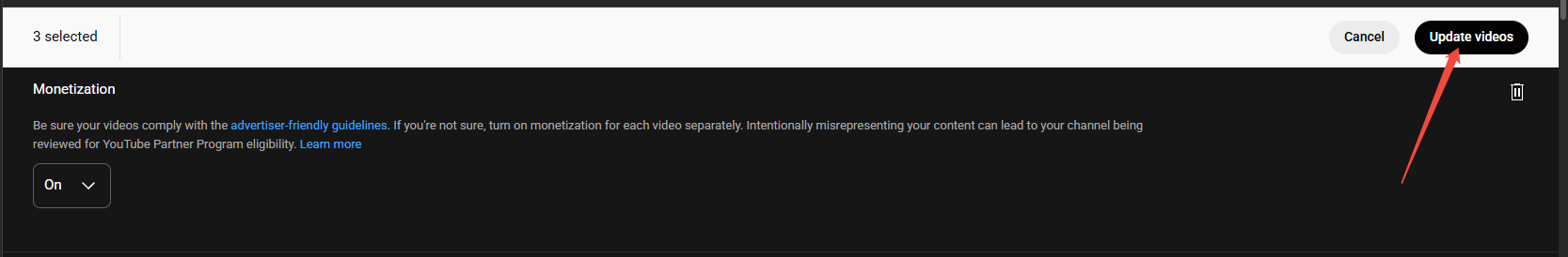 A popup warning you to make sure that your video(s) are ads-friendly if you want to turn on monetization for them.