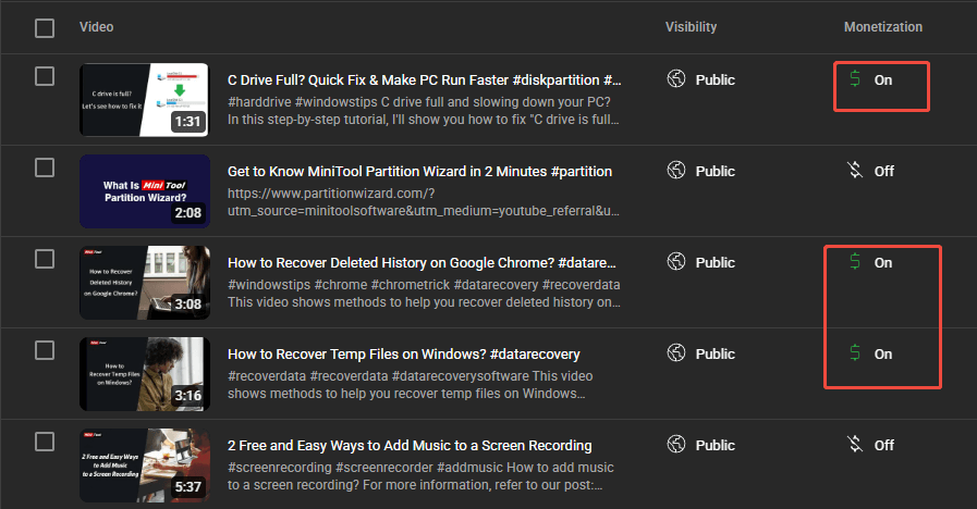 YouTube videos with monetization turned on and green dollar signs next to them.