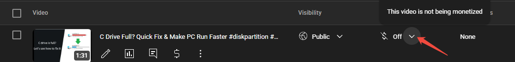 A YouTube video with an arrow pointed to its monetization option.