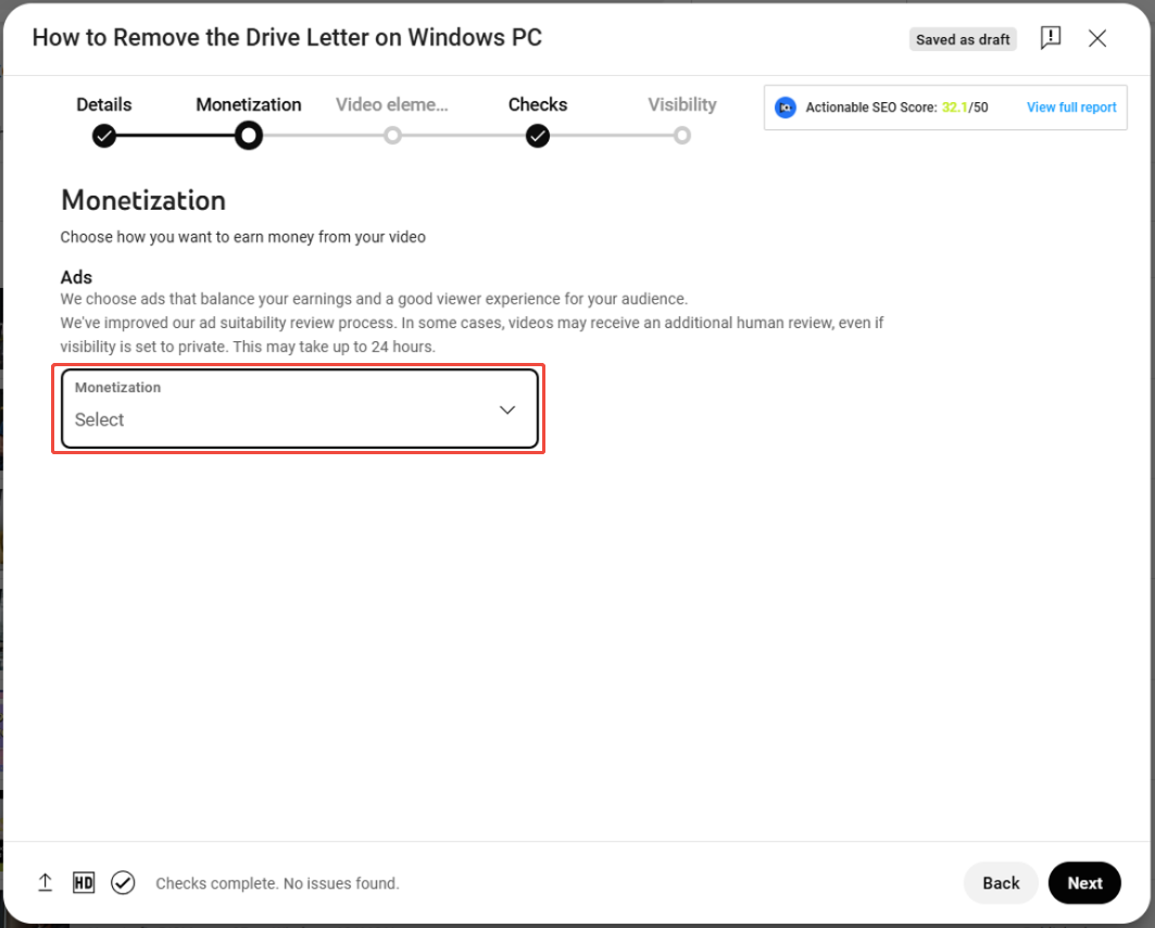 The Monetization option screen during uploading a video to YouTube.