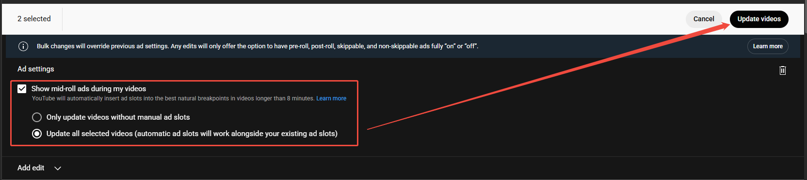 YouTube Ad settings pop-up with mid-roll ad settings available.