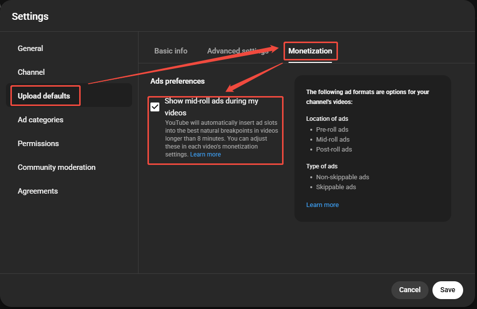 The upload default monetization settings window with the Show mid-roll ads during my videos option checked.